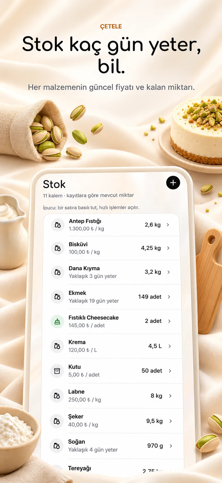 Çetele Stok ekranı: malzeme miktarları ve kaç gün yeteceği