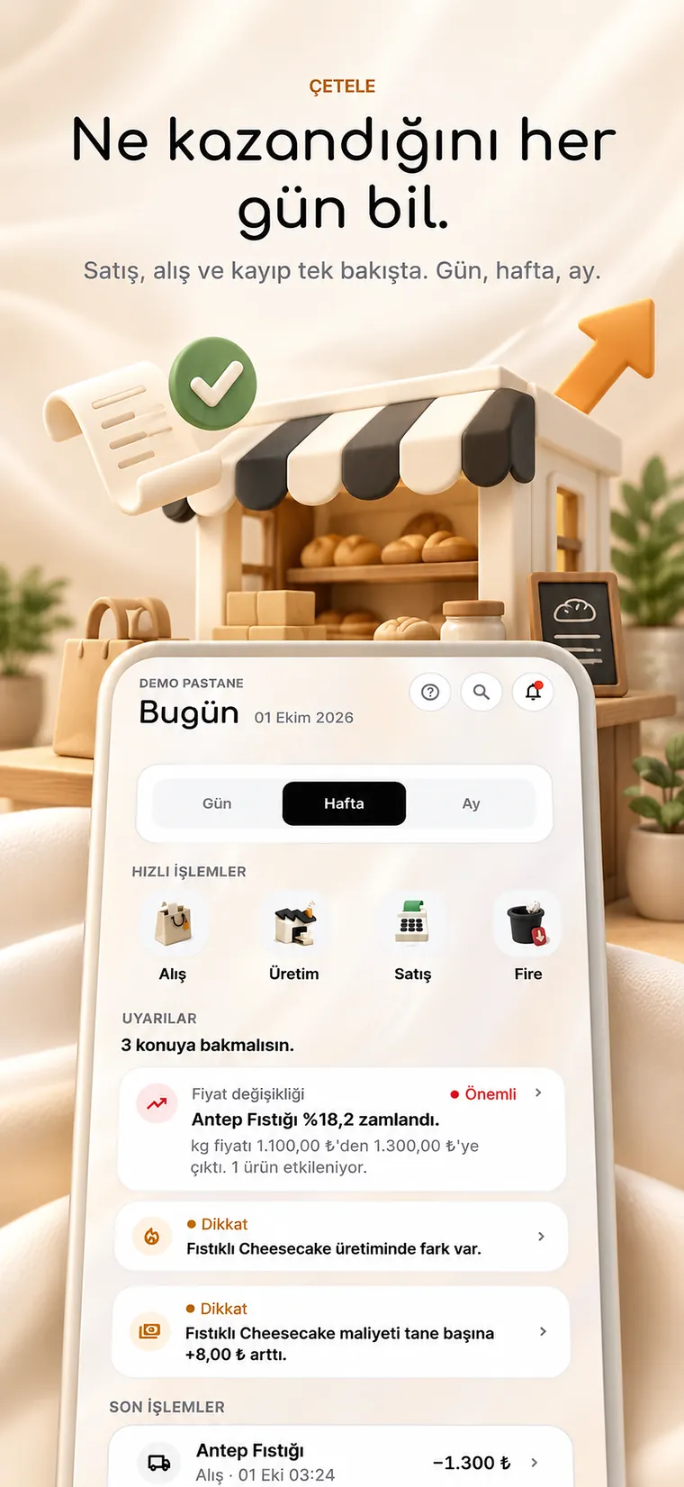 Çetele Bugün ekranı: günün hızlı işlemleri ve uyarıları