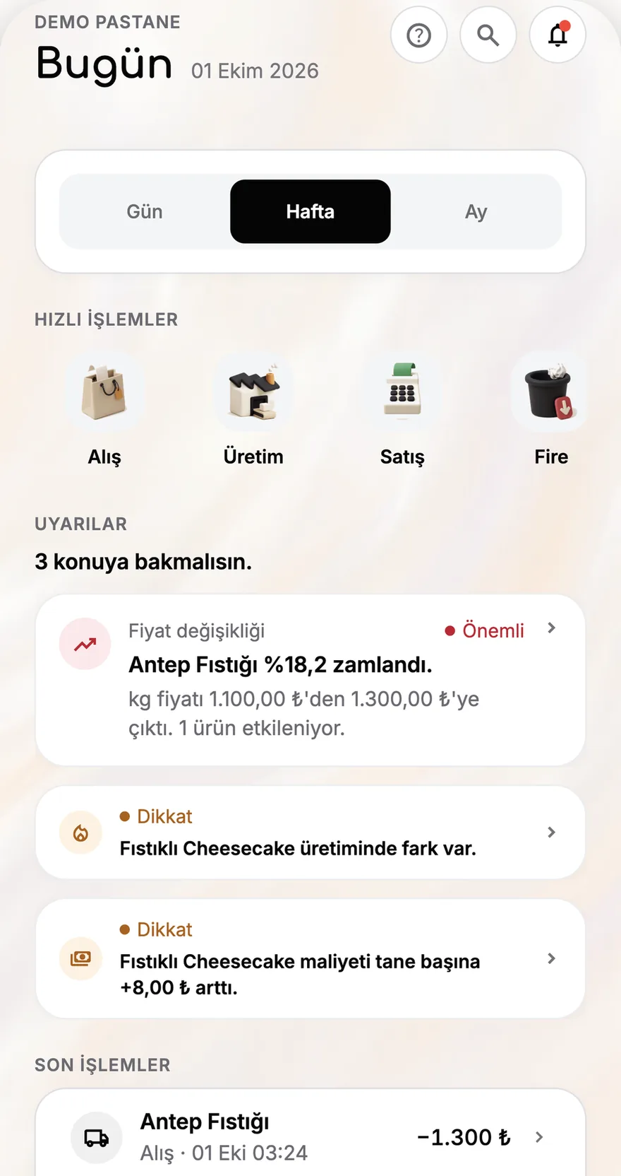 Çetele uygulamasının Bugün ekranı: hızlı işlemler ve fiyat değişikliği uyarısı